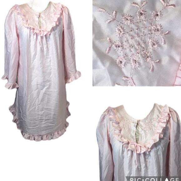 American Vintage ELISSIA nightgown with ruffles & embroidery in pink size small - Picture 2 of 12
